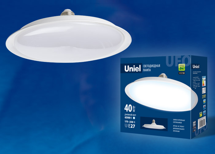 LED-U220-40W/6500K/E27/FR PLU01WH Лампа светодиодная. Форма «UFO», матовая. Дневной белый свет (6500 LED-U220-40W/6500K/E27/FR PLU01WH Лампа светодиодная. Форма «UFO», матовая. Дневной белый свет (6500