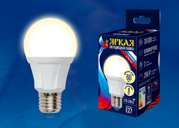 LED-A60 8W/WW/E27/FR PLP01WH Лампа светодиодная. Форма «А», матовая. Серия Яркая. Теплый белый свет LED-A60 8W/WW/E27/FR PLP01WH Лампа светодиодная. Форма «А», матовая. Серия Яркая. Теплый белый свет