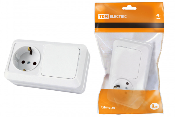 Блок комбинированный выкл. 1-кл. 10А + розетка 2П+З 16А 250В БКВР IP20 белый Ладога